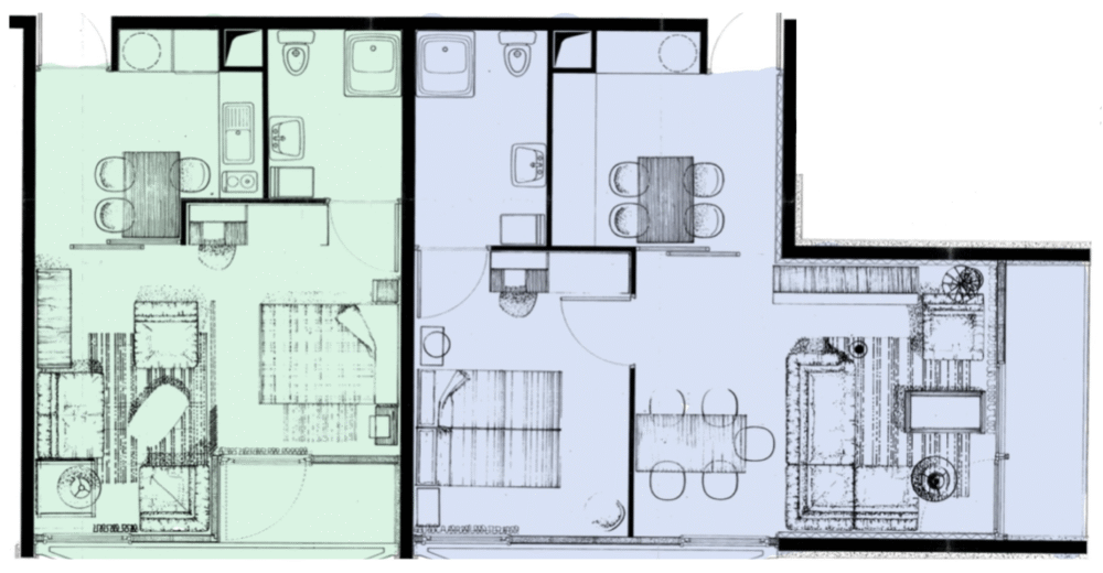 Plan des appartements - F1bis en vert / F2 en bleu